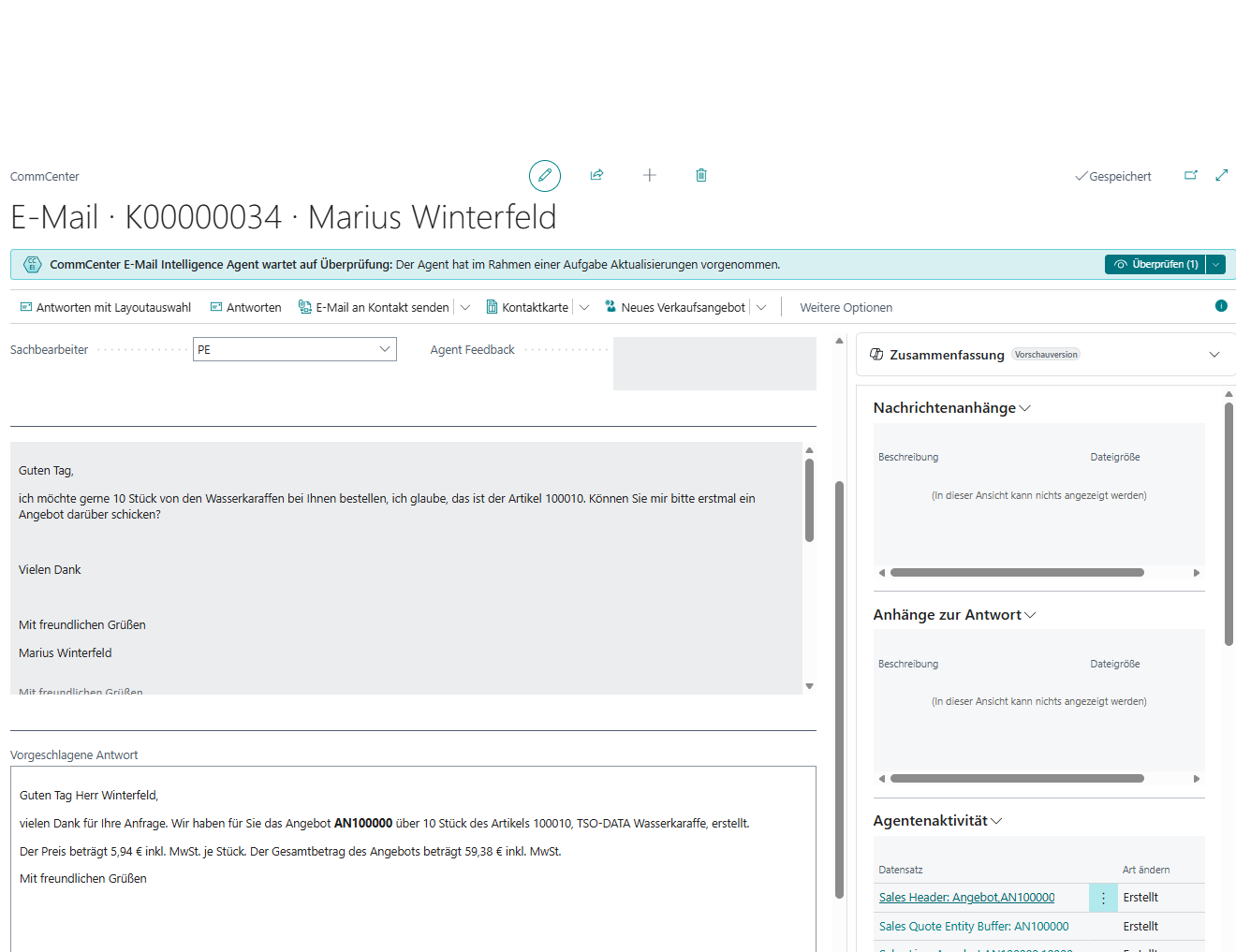 Agent hat Angebot angelegt und Antwort formuliert CommunicationCenter