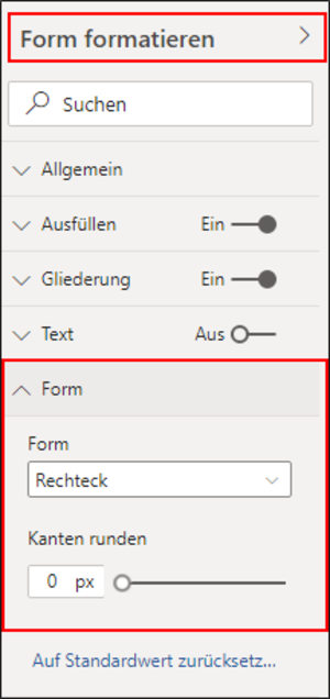 Die Standardform für Schaltflächen ist weiterhin das „Rechteck“. Ändern lässt sich diese über die Form-Eigenschaften, unter dem Punkt „Form“